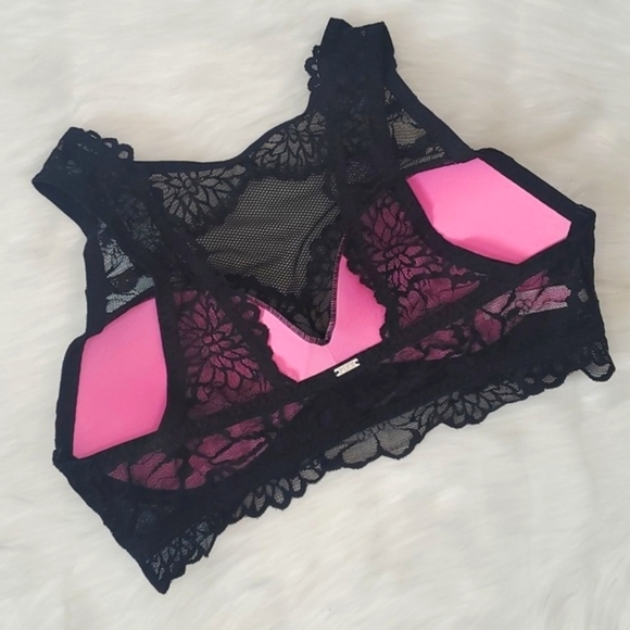 2016 Victoria's Secret PINK Black Floral Lace Sheer Chest Bralette Size Medium - Picture 7 of 13
